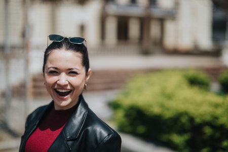 Bright smiling woman outdoors enjoying a sunny day in a casual settingの写真素材