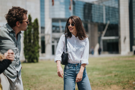 Young friends enjoying a casual outdoor meet up on a sunny dayの写真素材