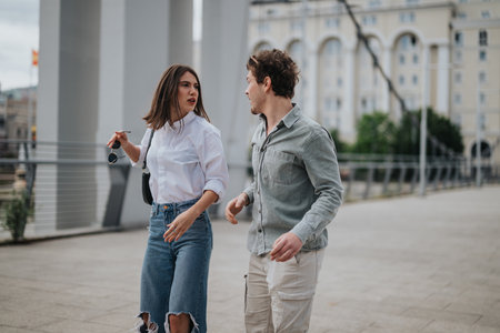 Two casual friends engaging in conversation outdoors during a city visitの写真素材