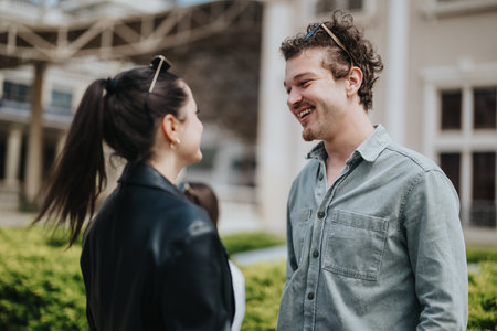 Two young friends sharing a cheerful conversation outdoors on a sunny dayの写真素材
