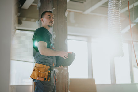 Construction Professional in Protective Gear Working on Renovation Project at Modern Siteの写真素材