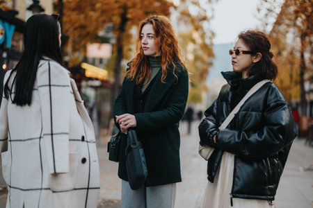 Three friends gathering and chatting outdoors in an urban autumn settingの写真素材