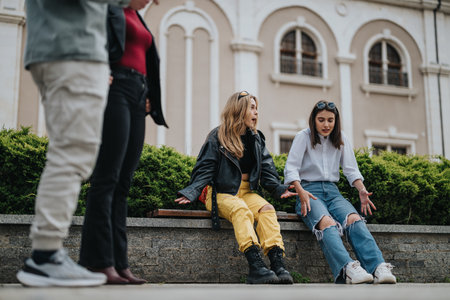 Casual friends chatting together on an urban bench in a city settingの写真素材