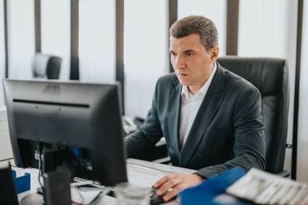 Focused businessman working diligently on a desktop computer in modern office spaceの写真素材
