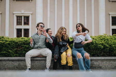 Group of cheerful friends enjoying outdoor time on a sunny dayの写真素材