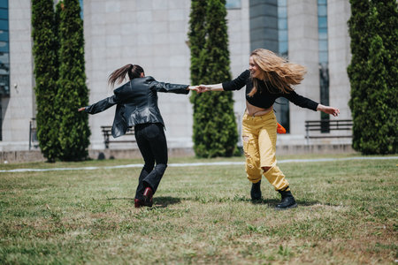 Two friends playfully spinning together outdoors on a sunny dayの写真素材