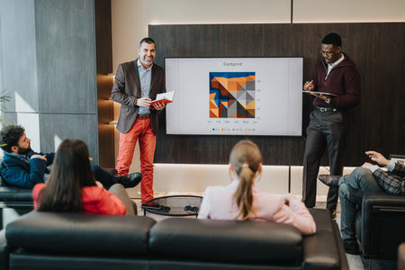 Business professionals presenting a project overview in a modern conference roomの写真素材