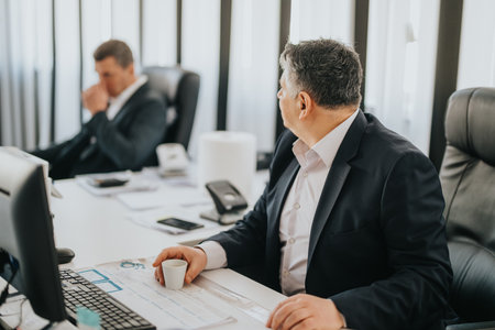Two businessmen in a modern office during a focused work discussionの写真素材