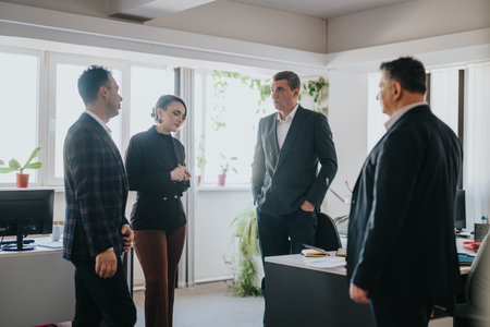 Team discussing strategies during a business meeting in a modern officeの写真素材