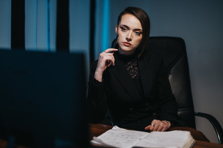 Professional woman in modern office analyzing documents and workingの写真素材