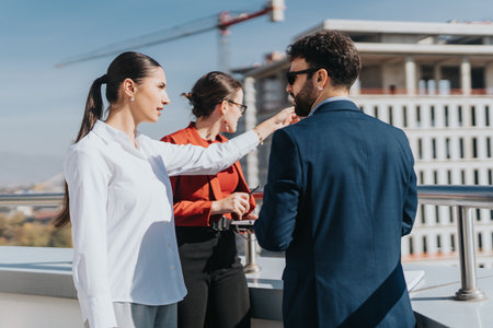 Business colleagues discussing project on office rooftop terraceの写真素材