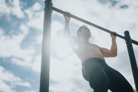 Young man performing pull-ups on a bar outdoors under the sunny skyの写真素材
