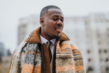 Young man in stylish coat outdoors on a cloudy dayの写真素材