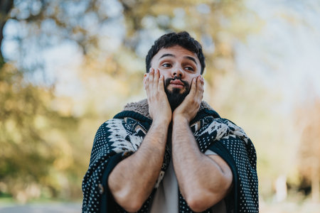 Man in patterned poncho expressing surprise outdoors in sunny parkの写真素材