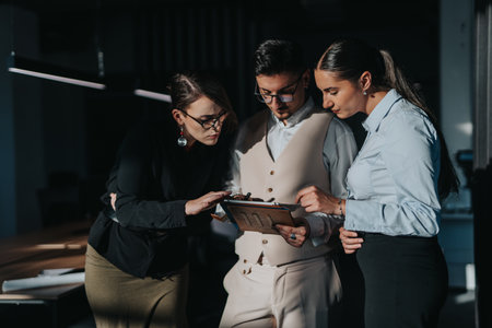 Three business people engaged in a discussion while reviewing a document in a modern office setting.の写真素材