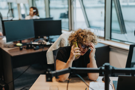 A businesswoman appears stressed while talking on the phone in a modern office.の写真素材