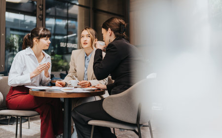 Three businesswomen having a conversation over coffee during a meeting in a modern officeの写真素材