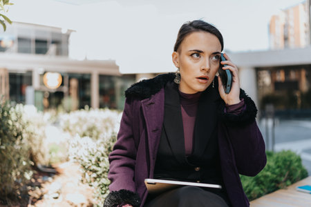 Businesswoman in a purple coat talking on the phone outdoorsの写真素材