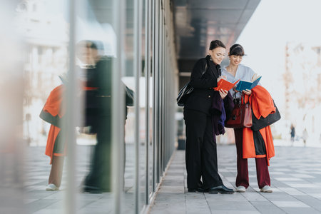 Two businesswomen reading books and discussing ideas outdoors during a breakの写真素材
