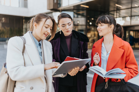 Professional businesswomen collaborate outdoors with documents and discussionsの写真素材