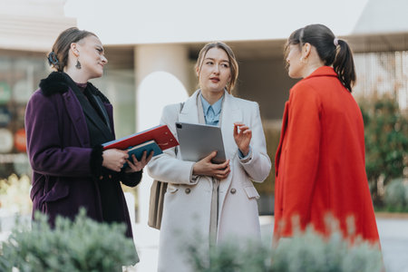 Group of businesswomen having a discussion outdoors in a professional yet casual settingの写真素材