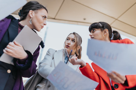 Three professional businesswomen collaborating on a project outdoors, analyzing data and chartsの写真素材