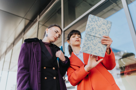 Professional businesswomen discussing ideas and collaborating outdoors during a meetingの写真素材
