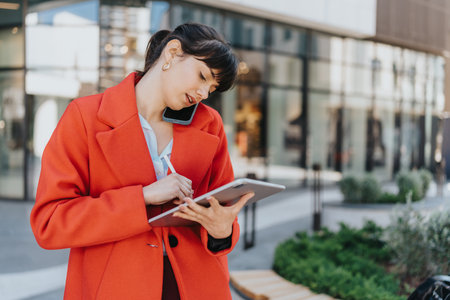 Professional businesswoman multitasking outdoors with a tablet and smart phoneの写真素材