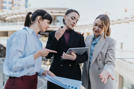 Three female business professionals discussing a project outdoorsの写真素材