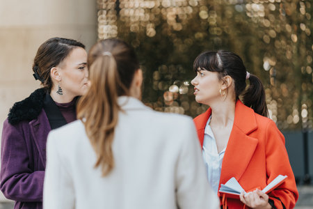 Three businesswomen engaged in conversation outdoors on a bright dayの写真素材