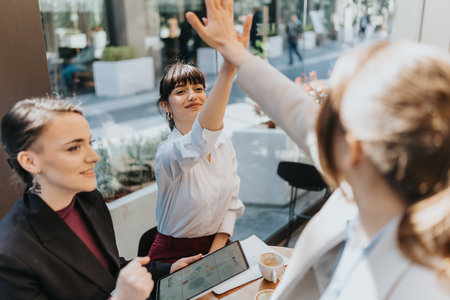 Three businesswomen collaborating in a cafe, sharing ideas and celebrating teamwork with enthusiasm.