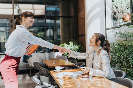 Two female business professionals exchanging a handshake in a modern outdoor cafe settingの写真素材