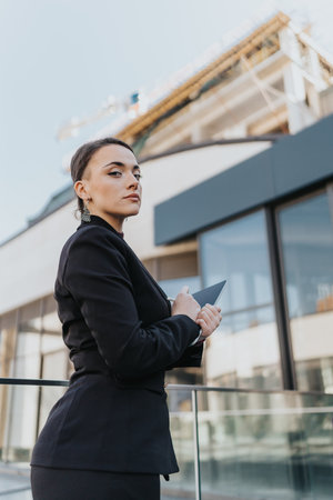 Confident businesswoman holding a tablet in outdoor modern office settingの写真素材
