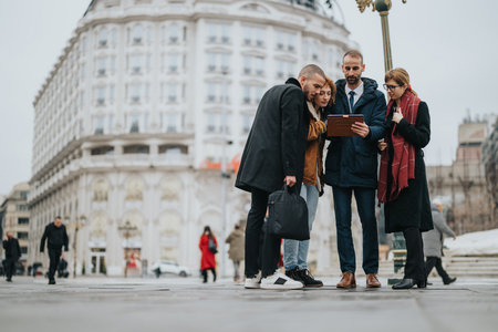 Group of professionals gathered outdoors discussing content on a digital tablet in an urban settingの写真素材