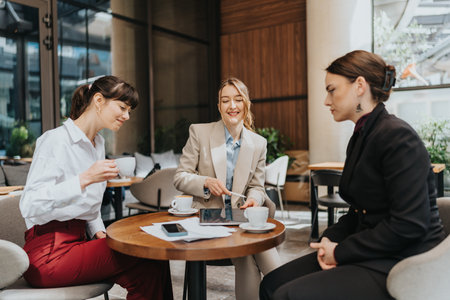 Three businesswomen collaborating over a meeting in a modern cafe environmentの写真素材