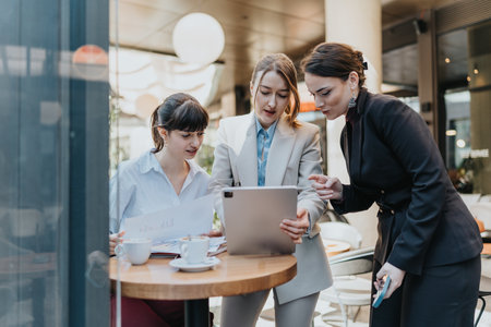 Three businesswomen collaborating on a tablet during a casual meeting in a modern cafeの写真素材