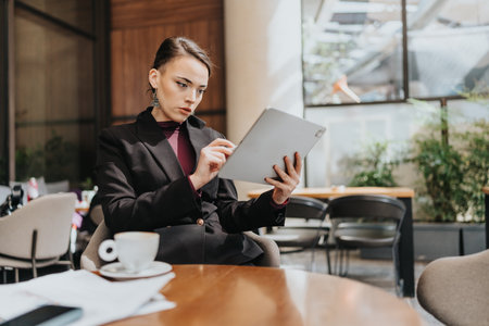 Professional businesswoman using a tablet while working in a modern office environment