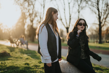 Two teenage girls engaging in conversation at a park during sunsetの写真素材