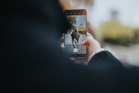 Person using a smart phone camera to capture a creative outdoor portraitの写真素材