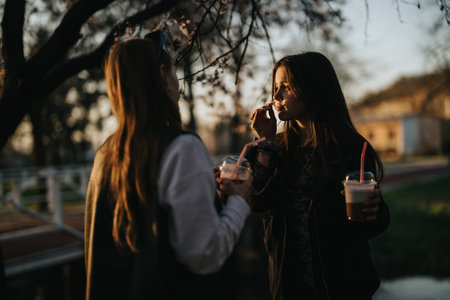 Two girls enjoying iced coffee outdoors during a serene spring eveningの写真素材