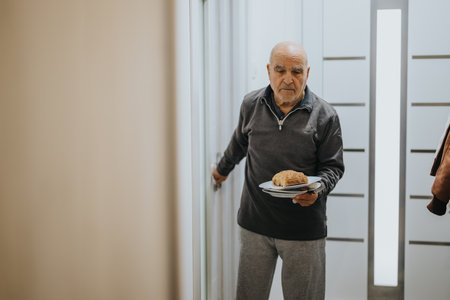 Senior Man Holding a Plate with Pastries in a Well-lit Modern Hallwayの写真素材