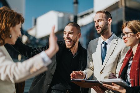 Group of cheerful business professionals greeting and discussing outdoors during meetingの写真素材