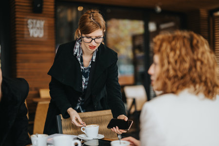 Business professionals collaborating over coffee at an outdoor cafeの写真素材