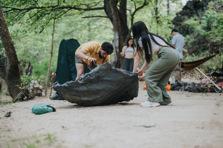 Friends setting up a campsite in a wooded outdoor areaの写真素材
