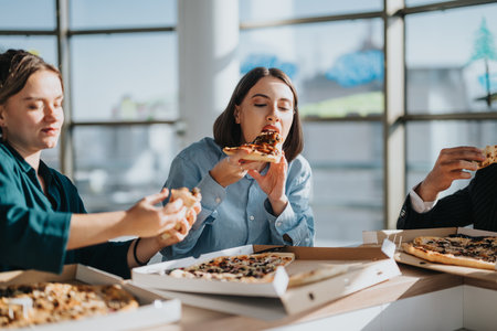 Business colleagues enjoying a casual pizza lunch at the officeの写真素材