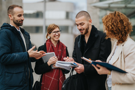 Group of Professionals Collaborating Outside on a Business Project