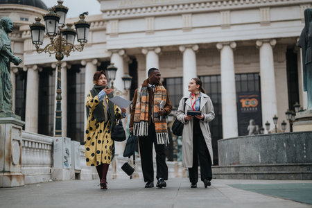 Group of people walking and discussing near a grand historical building