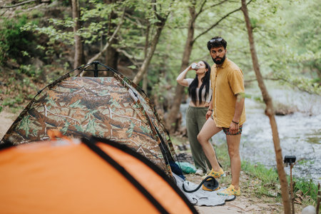 Friends camping by a scenic riverside in a lush green forest settingの写真素材