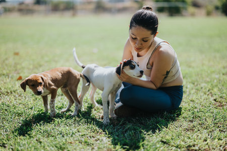 Young girl playing with two puppies in a sunny parkの写真素材