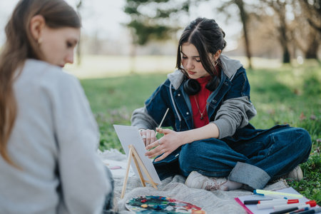 Two friends enjoying creative art activities in a park settingの写真素材